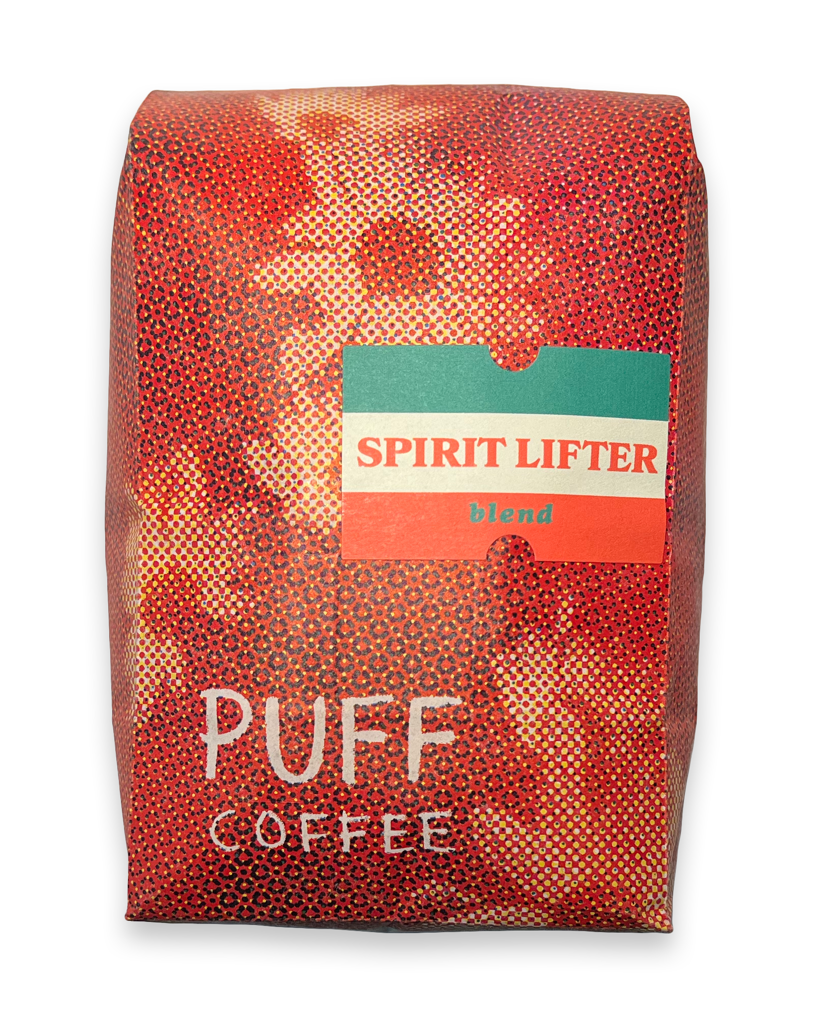 Coffee bag labeled 'Spirit Lifter' by 'Puff Coffee' on a white background
