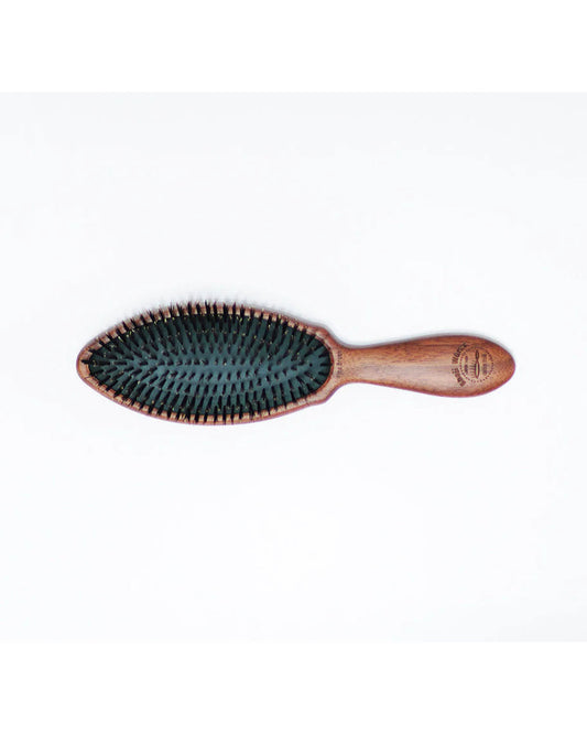 A wooden hairbrush with a dark green bristle pad and a reddish-brown wooden handle, shown on a plain white background.
