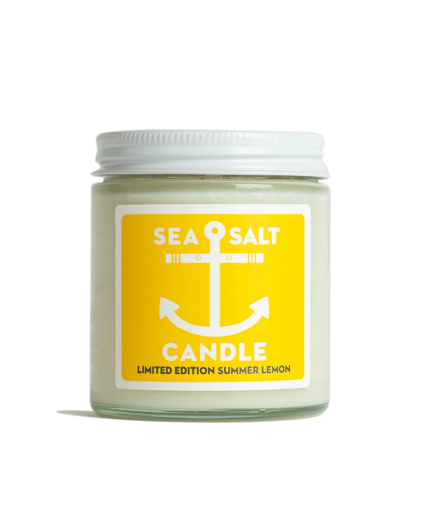 Sea salt candle with a yellow label on a white background