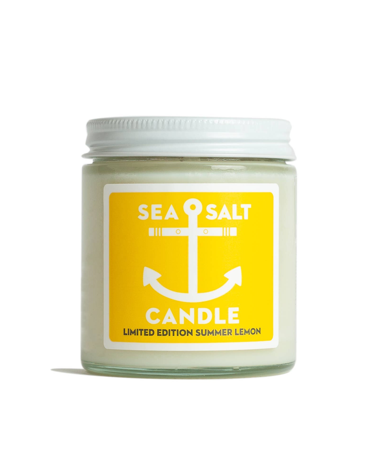 Sea salt candle with a yellow label on a white background