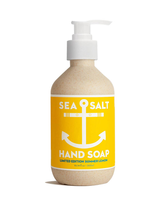 Hand soap bottle with yellow label featuring a white anchor on a white background