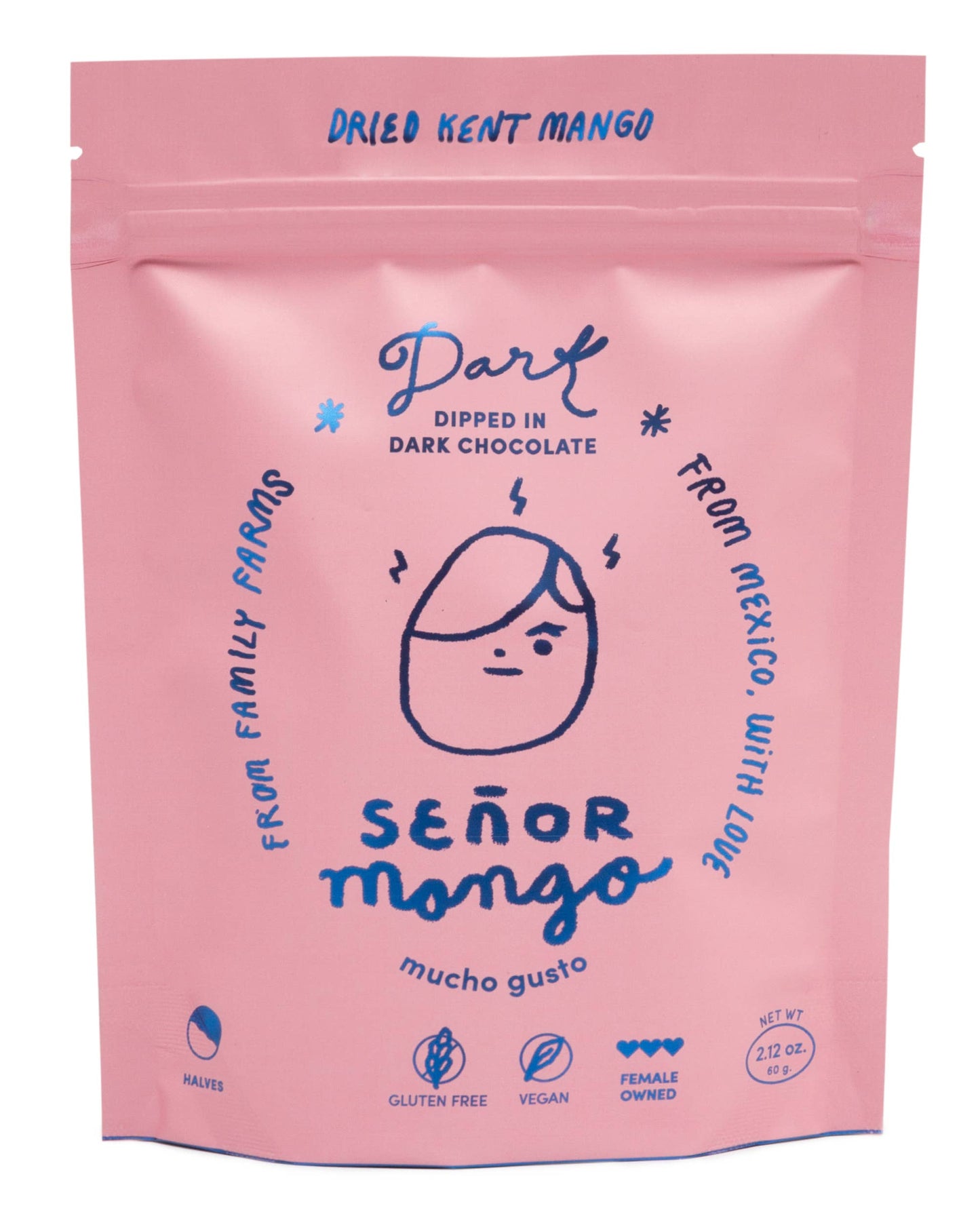 Pink packaging of Dried Kent Mango with blue text and branding on a white background