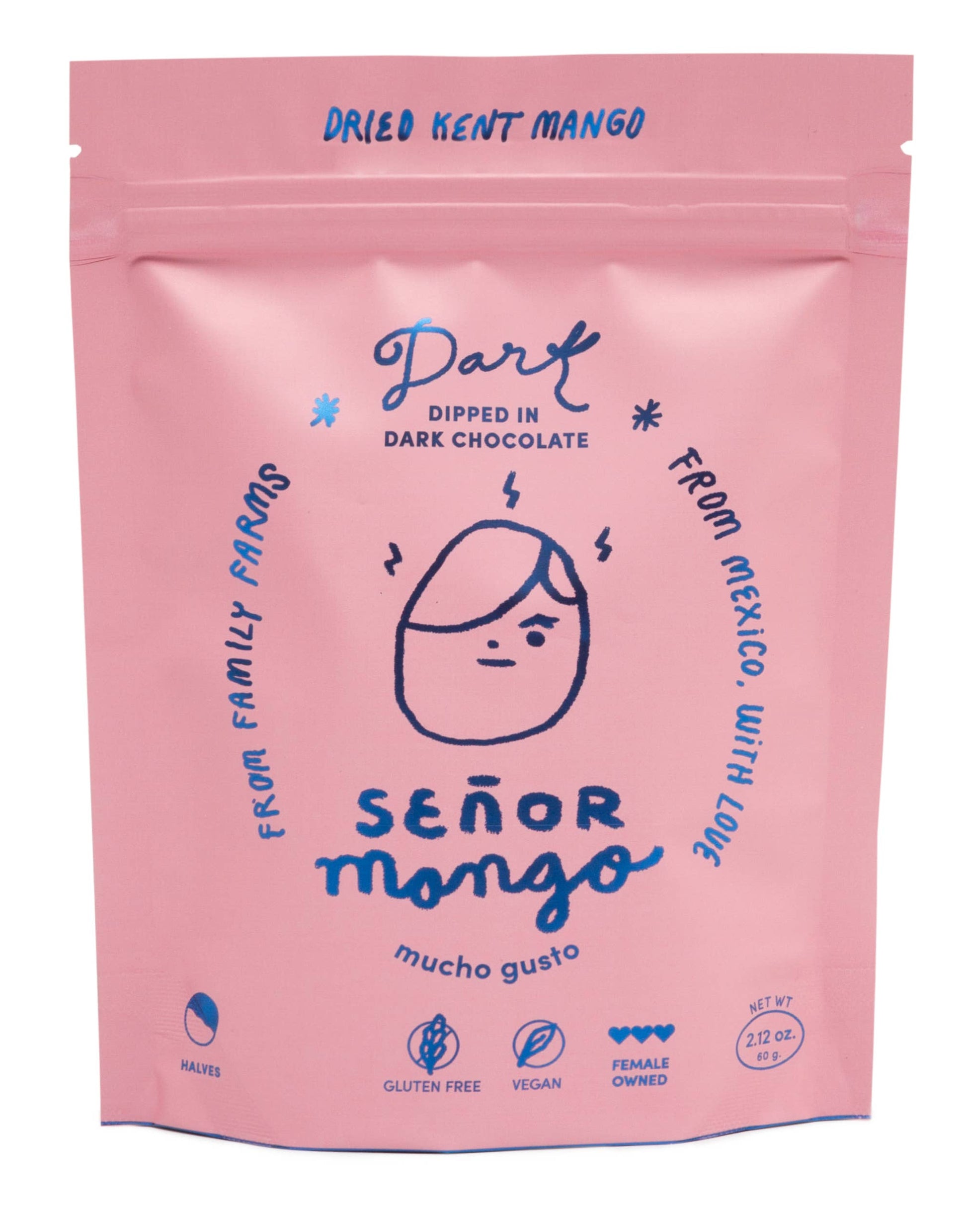 Pink packaging of Dried Kent Mango with blue text and branding on a white background