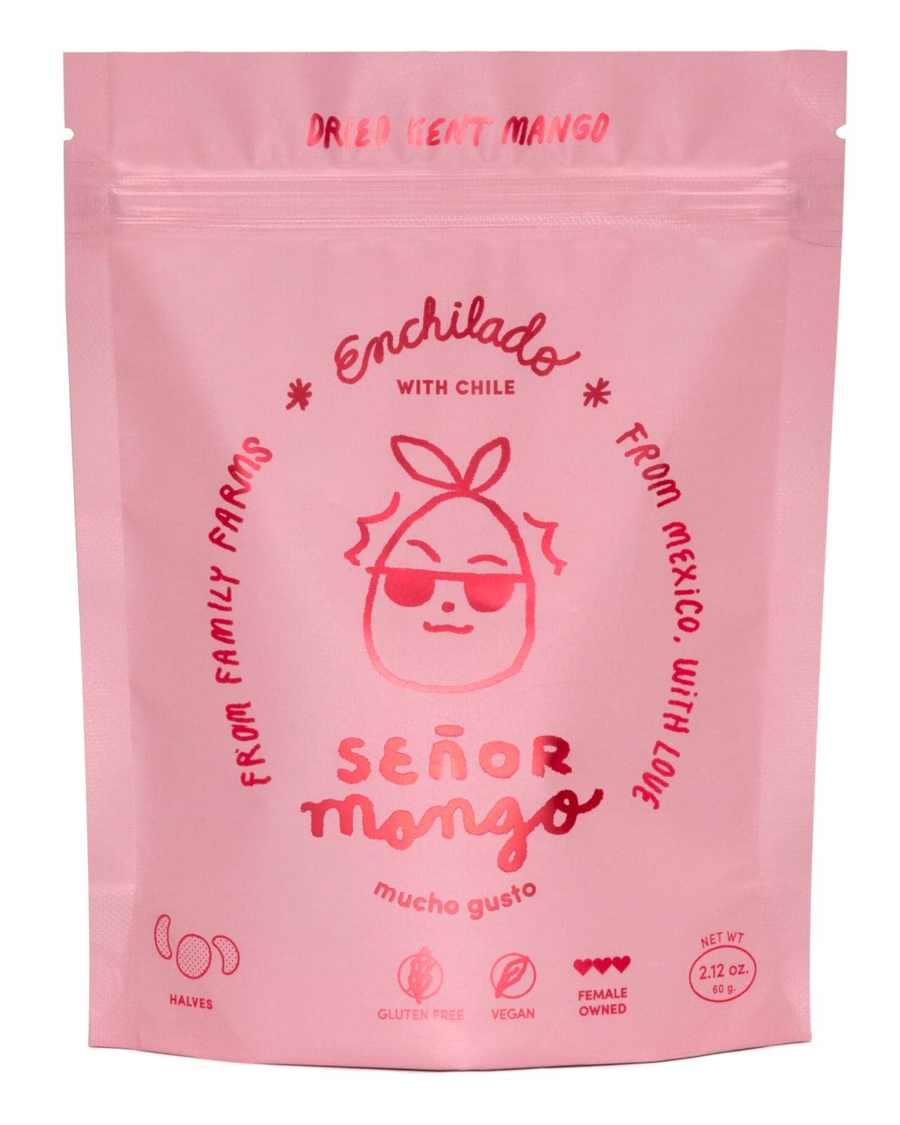 Pink package of Senor Mango dried fruit with text and branding.