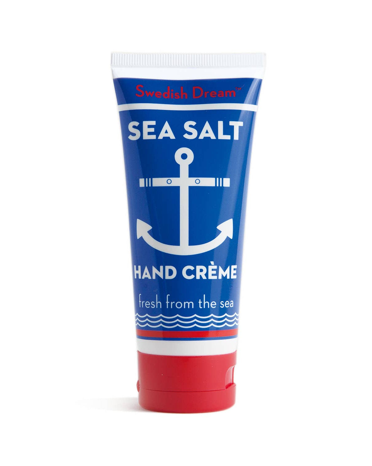 Tube of Swedish Dream Sea Salt Hand Creme with blue and red design on a white background