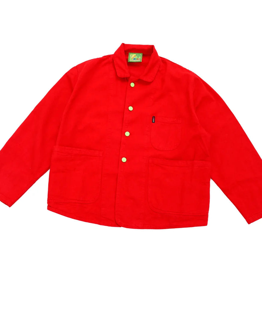 A bright red long-sleeve button-up jacket with a pointed collar, gold-tone buttons, and a chest pocket, laid flat against a white background.
