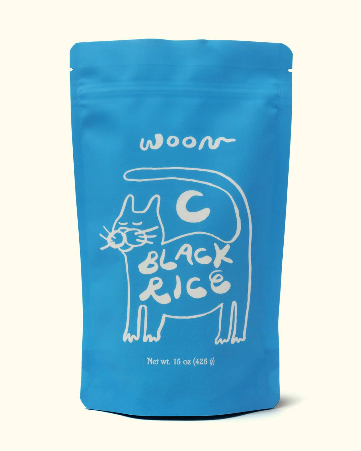 Blue package of 'woon black rice' with a white cat illustration on a white background