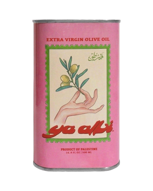 Pink can of extra virgin olive oil with a hand holding olives design on a white background